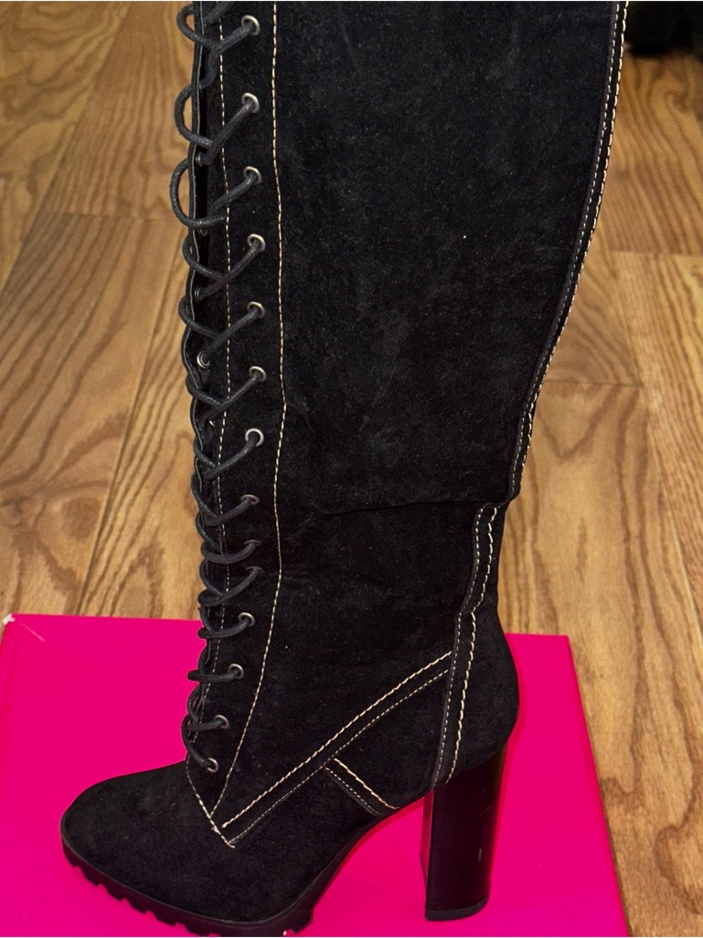 Black Lace-Up Suede Knee Boot with Block Heel